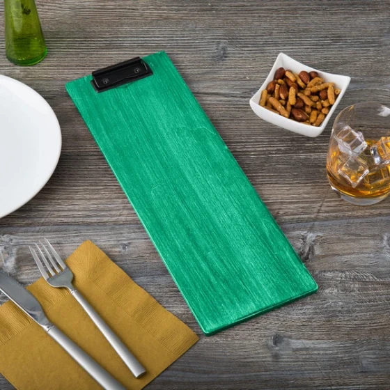 Menu Solutions WDCLIP-BD Washed Teal 4 1/4" x 14" Customizable Wood Menu Clip Board