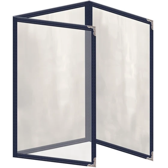 H. Risch, Inc. TET Deluxe Sewn 5 1/2" x 8 1/2" Blue 6 View Foldout Vinyl Menu Cover With Silver Decorative Corners and Gloss Finish