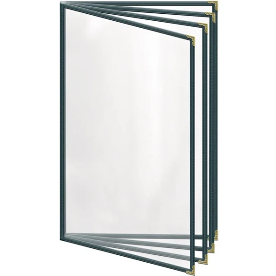 H. Risch, Inc. TEDD Deluxe Sewn 8 1/2" x 14" Green 8 View Menu Cover with Gold Decorative Corners and Gloss Finish