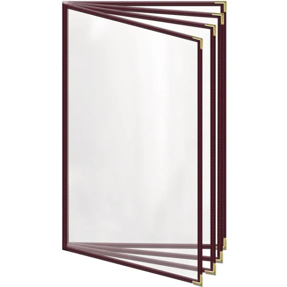 H. Risch, Inc. TEDD Deluxe Sewn 8 1/2" x 14" Maroon 8 View Menu Cover with Gold Smooth Corners and Gloss Finish