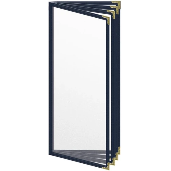 H. Risch, Inc. TEDD Deluxe Sewn 4 1/4" x 11" Blue 8 View Menu Cover with Gold Decorative Corners and Matte Finish
