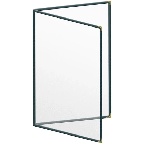 H. Risch, Inc. TED Deluxe Sewn 11" x 17" Green 4 View Menu Cover with Gold Decorative Corners and Matte Finish