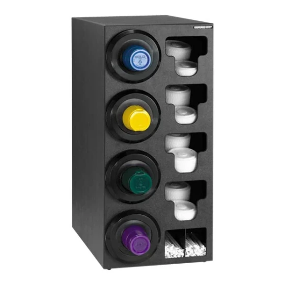 Dispense-Rite Black Polystyrene One-Size-Fits-All 4-Compartment Left Side Countertop Cup Dispenser with Built-In Lid and Straw Organizer SLR-C-4LBT