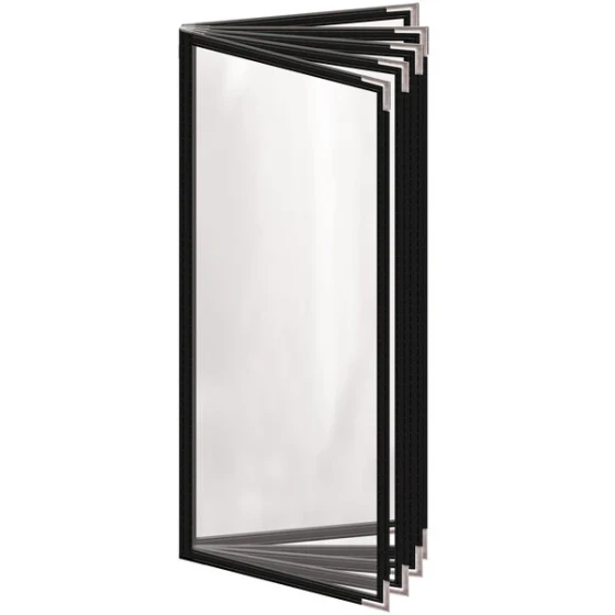 H. Risch, Inc. TE-10V Deluxe Sewn 4 1/4" x 11" Black 10 View Vinyl Menu Cover with Silver Smooth Corners and Gloss Finish