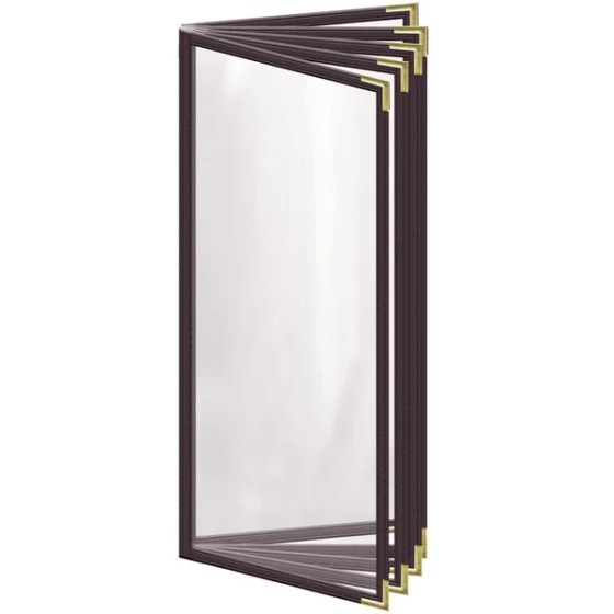 H. Risch, Inc. TE-10V Deluxe Sewn 4 1/4" x 11" Brown 10 View Vinyl Menu Cover with Gold Smooth Corners and Gloss Finish