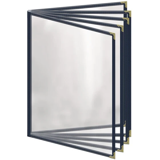H. Risch, Inc. TE-10V Deluxe Sewn 8 1/2" x 11" Blue 10 View Vinyl Menu Cover with Gold Decorative Corners and Gloss Finish