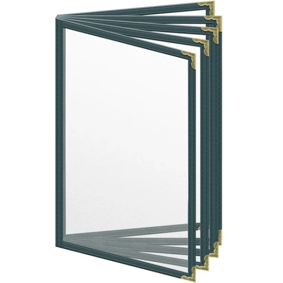 H. Risch, Inc. TE-10V Deluxe Sewn 5 1/2" x 8 1/2" Green 10 View Vinyl Menu Cover with Gold Decorative Corners and Matte Finish
