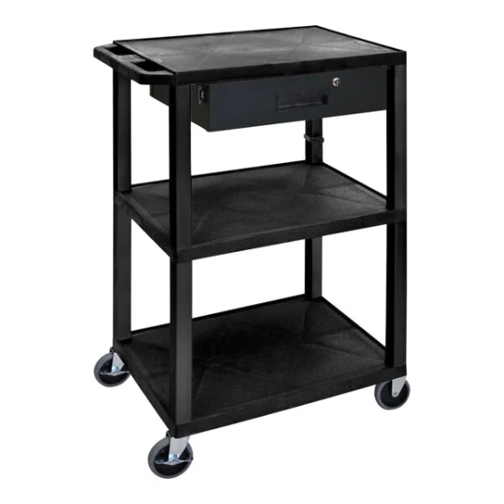 Luxor Tuffy 24" x 18" x 42 1/2" Black Plastic 3-Shelf Powered Utility Cart with Heavy-Duty Casters, Locking Drawer, Electrical Assembly, and Cord Storage UCPL1E-B-WTD