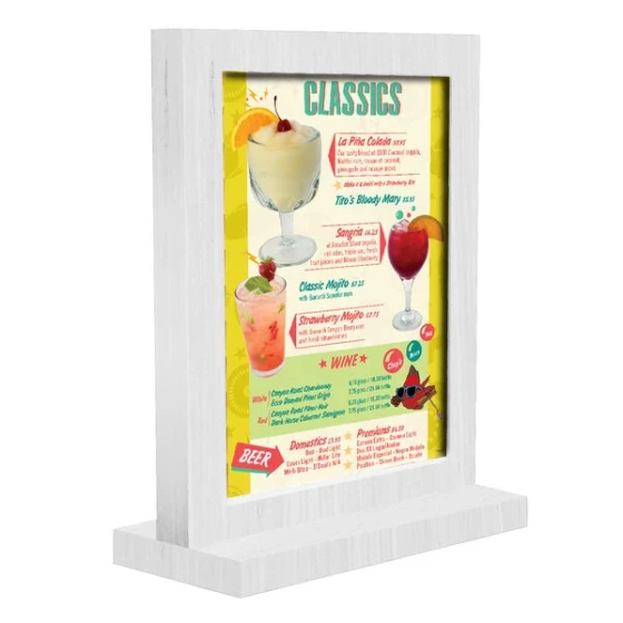 Menu Solutions WTFR-A 4" x 6" White Wash Framed Wood Menu Tent with Straight Base