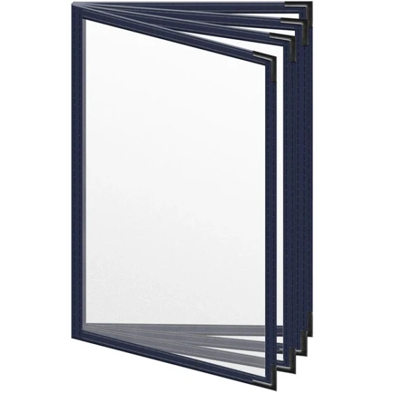 H. Risch, Inc. TEDD Deluxe Sewn 5 1/2" x 8 1/2" Blue 8 View Menu Cover with Black Smooth Corners and Matte Finish