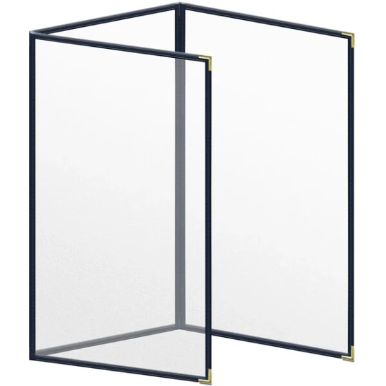H. Risch, Inc. TET Deluxe Sewn 8 1/2" x 14" Blue 6 View Foldout Vinyl Menu Cover With Gold Smooth Corners and Matte Finish