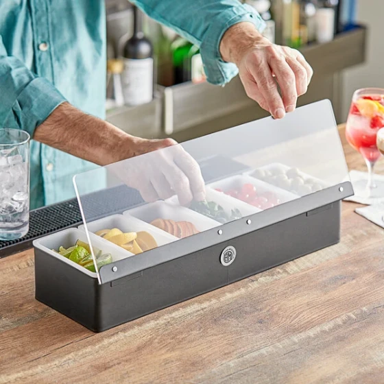 American Metalcraft CDB6 6-Compartment Matte Black Condiment Bar with (6) 1-Pint Inserts