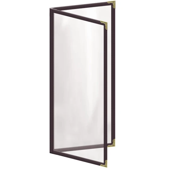 H. Risch, Inc. TED Deluxe Sewn 4 1/4" x 11" Brown 4 View Menu Cover with Gold Decorative Corners and Gloss Finish
