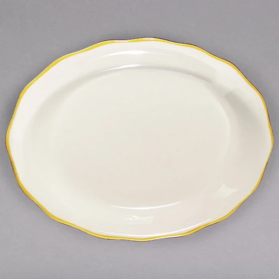 CAC 12 5/8" x 9 1/4" Ivory (American White) Scalloped Edge China Platter with Gold Band - 12/Case