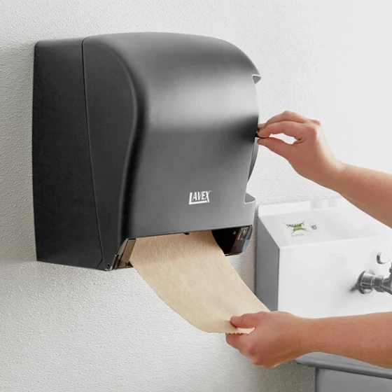 Lavex Translucent Black Lever Activated Paper Towel Dispenser with 6 Paper Towel Rolls
