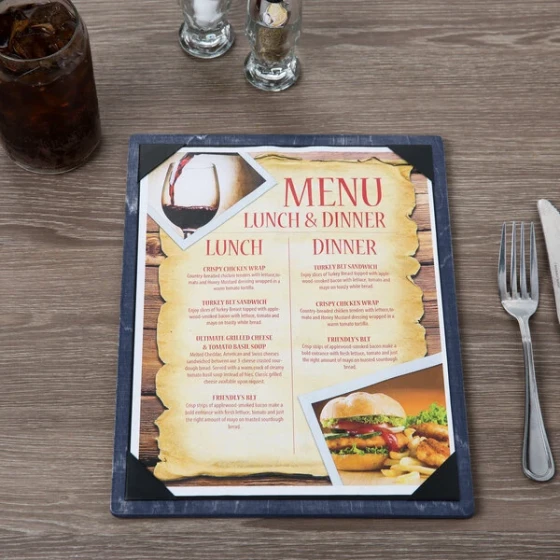 Menu Solutions WDPIX-C Denim 8 1/2" x 11" Customizable Wood Menu Board with Picture Corners