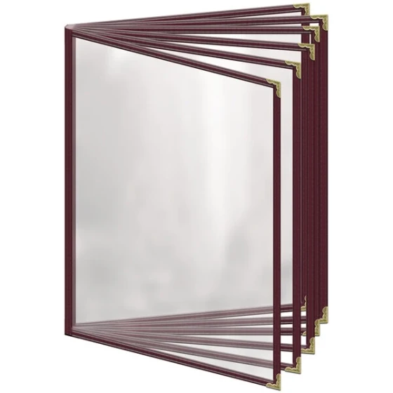 H. Risch, Inc. TE-12V Deluxe Sewn 8 1/2" x 11" Maroon 12 View Vinyl Menu Cover with Gold Decorative Corners and Gloss Finish