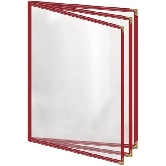 H. Risch, Inc. TETB Deluxe Sewn 8 1/2" x 11" Red 6 View Vinyl Menu Cover with Gold Decorative Corners and Gloss Finish