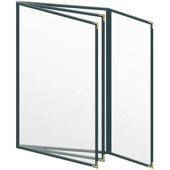 H. Risch, Inc. TETBQ Deluxe Sewn 8 1/2" x 14" Green 8 View Vinyl Menu Cover with Gold Smooth Corners and Matte Finish