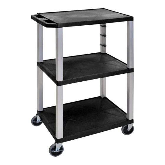 Luxor Tuffy 24" x 18" x 42 1/2" Black / Nickel Plastic 3-Shelf Powered Utility Cart with Heavy-Duty Casters, Electrical Assembly, and Cord Storage UCPL1E-N