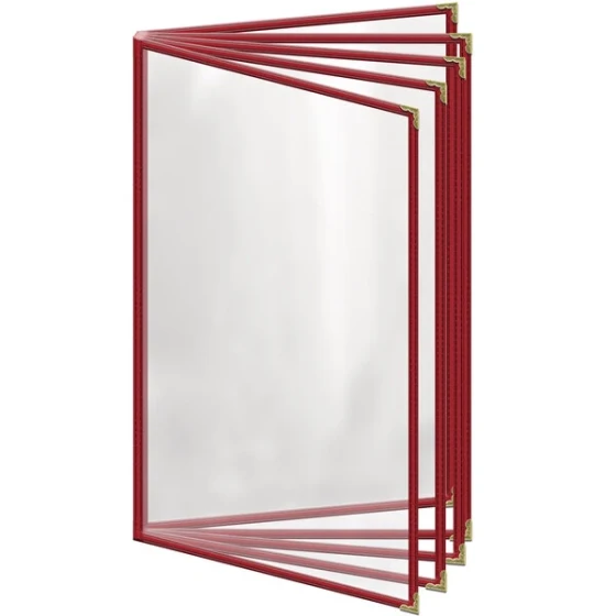 H. Risch, Inc. TE-10V Deluxe Sewn 8 1/2" x 14" Red 10 View Vinyl Menu Cover with Gold Decorative Corners and Gloss Finish