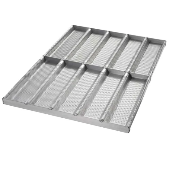 Chicago Metallic 49015 Glazed Aluminized Steel Full Size Sub / Sandwich Bun Pan - 10 Molds