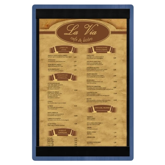 Menu Solutions WDSTR-A True Blue 5 1/2" x 8 1/2" Customizable Wood Menu Board with Top and Bottom Strips
