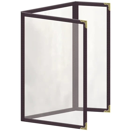 H. Risch, Inc. TEDQ Deluxe Sewn 5 1/2" x 8 1/2" Brown 6 View Menu Cover with Gold Decorative Corners and Glossy Finish