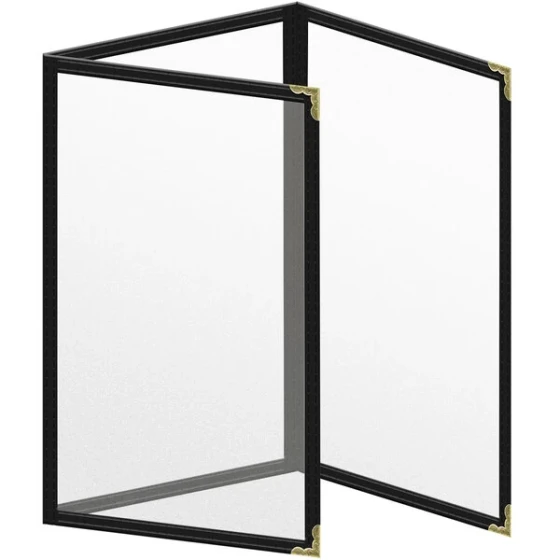 H. Risch, Inc. TET Deluxe Sewn 5 1/2" x 8 1/2" Black 6 View Foldout Vinyl Menu Cover With Gold Decorative Corners and Matte Finish