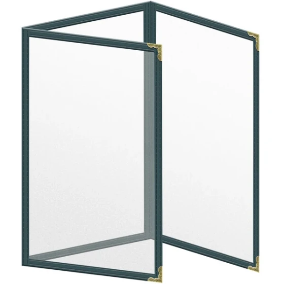 H. Risch, Inc. TET Deluxe Sewn 5 1/2" x 8 1/2" Green 6 View Foldout Vinyl Menu Cover With Gold Decorative Corners and Matte Finish