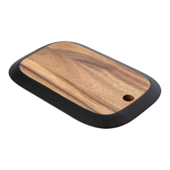 TableCraft Acacia Collection 14" x 9" x 3/4" Rectangular Acacia Wood Serving Board with Black Edge - 12/Case