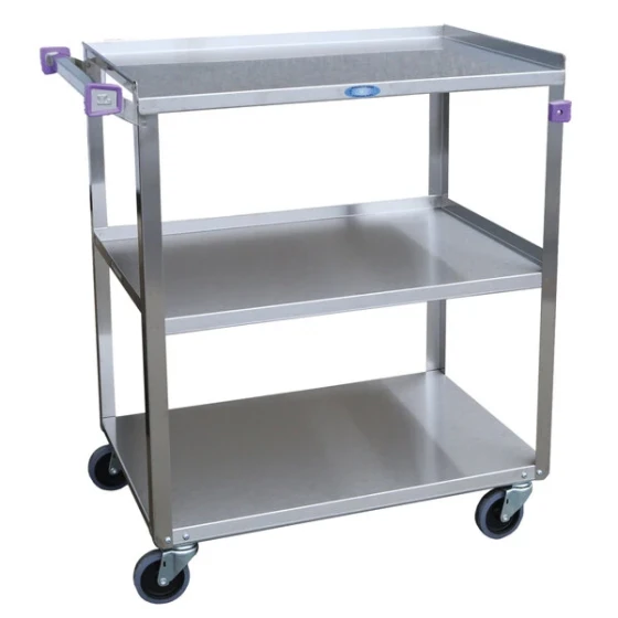 Lakeside 444A Medium-Duty Stainless Steel Three Shelf Utility Cart with Purple Handle and Leg Bumpers - 22 3/8" x 39 1/4" x 37 1/4"