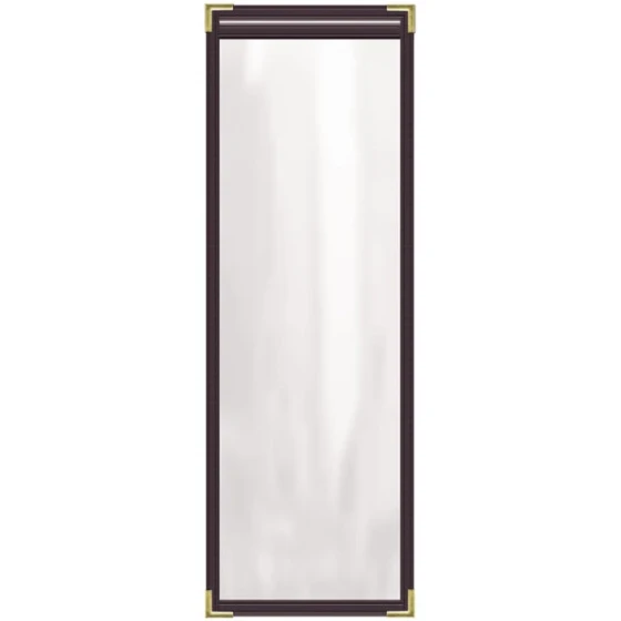 H. Risch, Inc. TES Deluxe Sewn 4 1/4" x 14" Brown 2 View Vinyl Menu Cover with Gold Smooth Corners and Gloss Finish