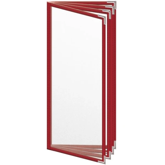 H. Risch, Inc. TEDD Deluxe Sewn 4 1/4" x 11" Red 8 View Menu Cover with Silver Smooth Corners and Matte Finish