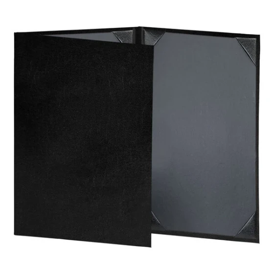 H. Risch, Inc. 5 1/2" x 8 1/2" Black Tuxedo Leather Customizable 3 View Menu Cover with Picture Corners