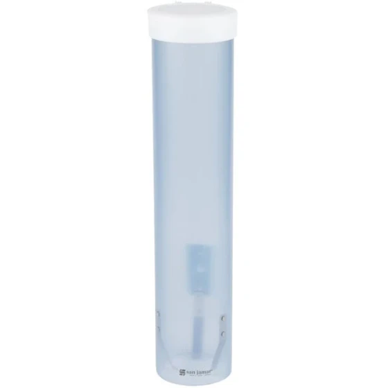 San Jamar C3165FBL Pull-Type Frosted Blue Wall Mount 4 - 10 oz. Water Cup Dispenser with Flip Cap