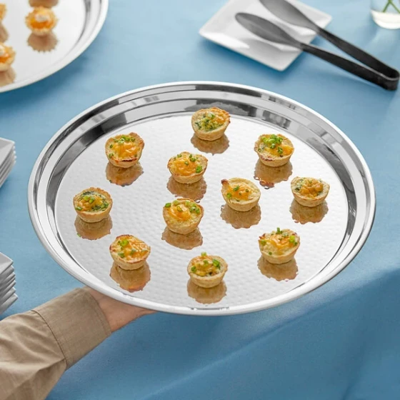 Acopa 15" Round Hammered Stainless Steel Catering Tray / Platter