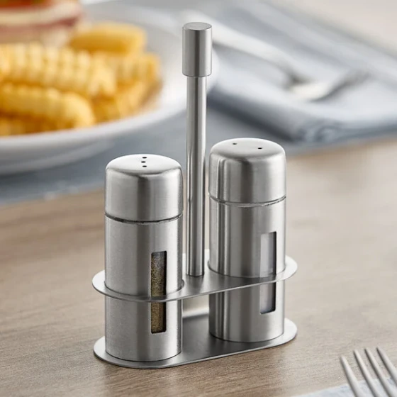 American Metalcraft SP6 1 oz. Brushed Stainless Steel Round Salt and Pepper Shaker Set with Base - 12/Case
