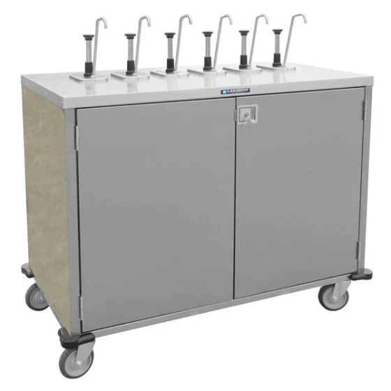 Lakeside 70211BS Stainless Steel E-Z Serve 6-Pump Condiment Dispensing Cart with Beige Suede Finish for 3 Gallon Condiment Pouches - 27 1/2" x 50 1/4" x 48 1/2"