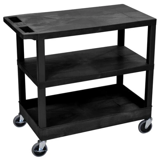 Luxor EC221-B Black 1 Tub and 2 Flat Shelf Utility Cart - 32" x 18"