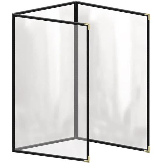 H. Risch, Inc. TET Deluxe Sewn 8 1/2" x 14" Black 6 View Foldout Vinyl Menu Cover With Gold Smooth Corners and Gloss Finish