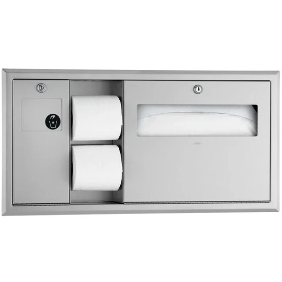 Bobrick B-3091 ClassicSeries Horizontal Recessed Toilet Seat-Cover and Toilet Tissue Dispenser with Sanitary Napkin Disposal - Left