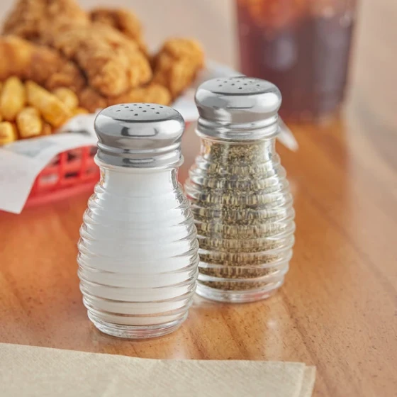 TableCraft Beehive 2 oz. Glass Salt and Pepper Shakers with Stainless Steel Tops - HBH2C - 2/Set