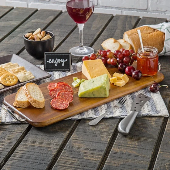 TableCraft ACAMR2007 Acacia Wood Rectangular Display Board with Brushed Nickel Handles - 17" x 7" x 5/8"