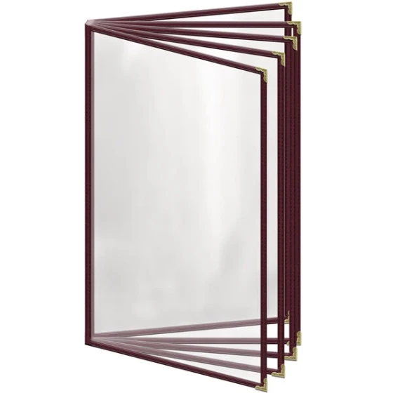 H. Risch, Inc. TE-10V Deluxe Sewn 8 1/2" x 14" Maroon 10 View Vinyl Menu Cover with Gold Decorative Corners and Gloss Finish