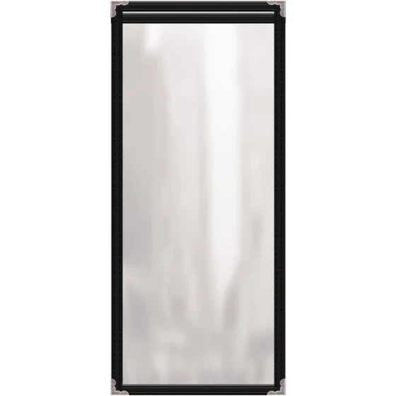 H. Risch, Inc. TES Deluxe Sewn 5 1/2" x 17" Black 2 View Vinyl Menu Cover with Silver Decorative Corners and Gloss Finish