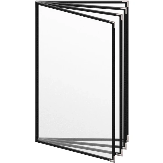 H. Risch, Inc. TEDD Deluxe Sewn 8 1/2" x 14" Black 8 View Menu Cover with Silver Smooth Corners and Matte Finish