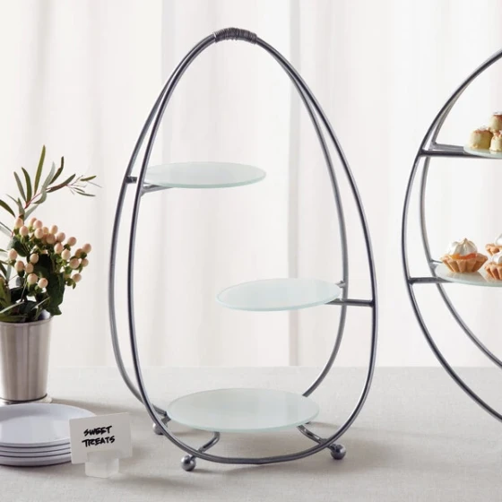 American Metalcraft SRS3 3 Tier Silver Oval Stand with Frosted Glass Plates