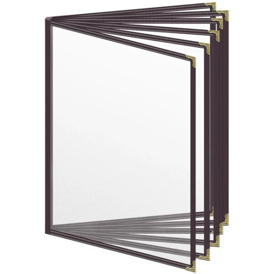 H. Risch, Inc. TE-12V Deluxe Sewn 8 1/2" x 11" Brown 12 View Vinyl Menu Cover with Gold Decorative Corners and Matte Finish