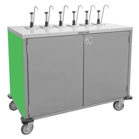 Lakeside 70211G Stainless Steel E-Z Serve 6-Pump Condiment Dispensing Cart with Green Finish for 3 Gallon Condiment Pouches - 27 1/2" x 50 1/4" x 48 1/2"